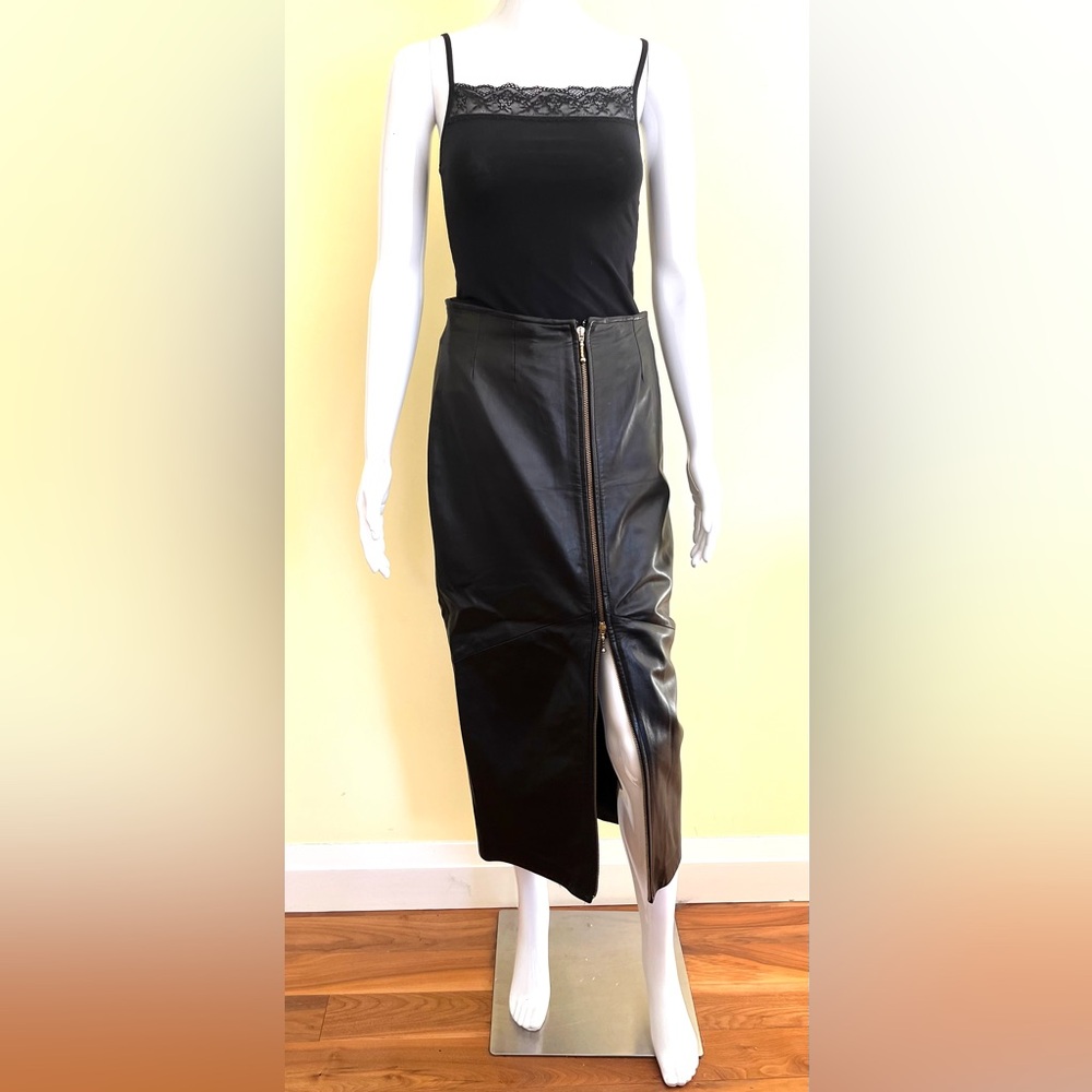 Danier black real leather midi Pencil Skirt with full length Front Zipper US 8